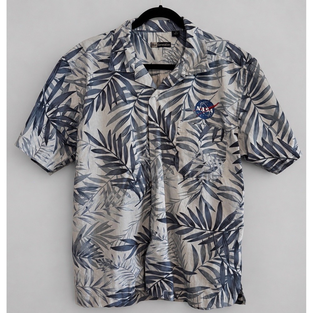 Vintage 90s Blue Generation Men's M NASA Hawaiian Shirt Tropical Palm Print